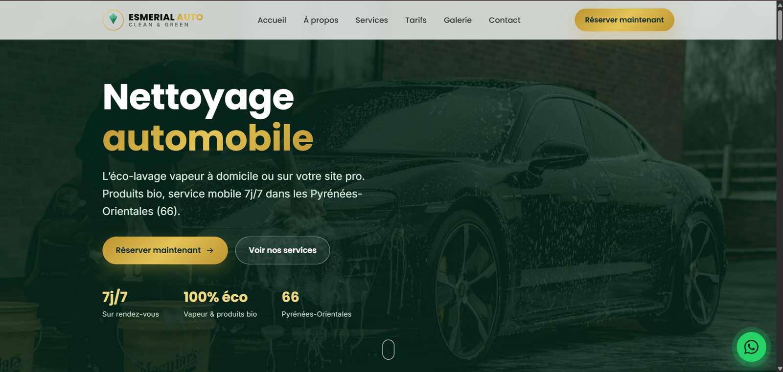 Aperçu du projet Esmerial Auto Clean & Green — Site vitrine · Réservation en ligne