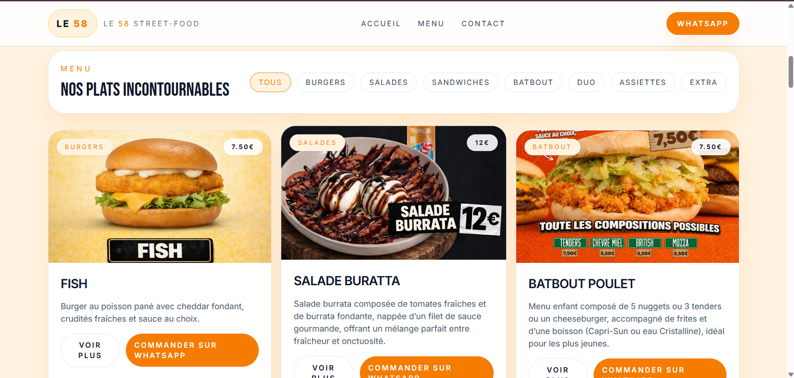 Aperçu du projet Le 58 Street-Food — Site vitrine · Menu digital + commande WhatsApp